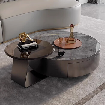 Meethello stainless steel slate coffee table combination living room designer home italian light luxury tempered glass large drawer coffee table 80cm round coffee table + 60cm side table