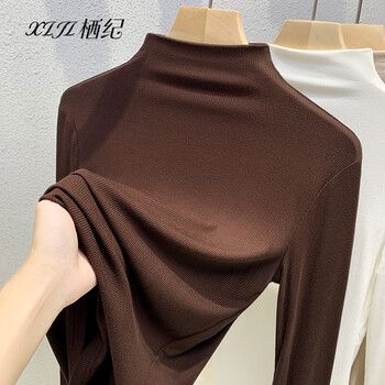Qiji half-high collar long-sleeved bottoming shirt for women to wear early autumn new knitted can be worn as a slim fit t-shirt top brown l recommended (102-114 pounds)