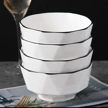 Sujiang ceramic tableware simple and fashionable black line tableware set pure white underglaze color stroke bowl plate tableware ceramic rice bowl lily 6-inch noodle bowl 4 pieces