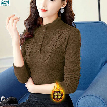 Chonglin velvet thickened bottoming shirt for women 2025 spring and winter new style lace long-sleeved slim-fitting belly-covering half-turtle collar top for women velvet caramel xl (115-125 pounds)