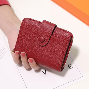 Sephoron 2026 new genuine leather short wallet card holder integrated folding wallet women's versatile large capacity zipper card holder soft leather burgundy