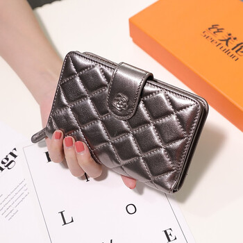 Sephoron new year short wallet women's folding large capacity zipper coin purse camellia soft leather sheepskin wallet champagne gray
