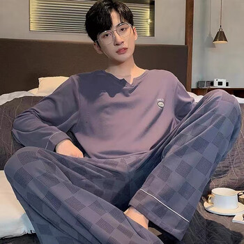 Yu zhaolin pajamas men's cotton autumn and winter long-sleeved simple casual youth large size can be worn outside all seasons pullover home clothes