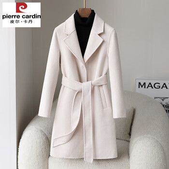 Pierre cardin double-sided cashmere coat women's medium long small 2025 autumn and winter new slim fit pure wool woolen coat off-white - wool s (150) within 95 jin