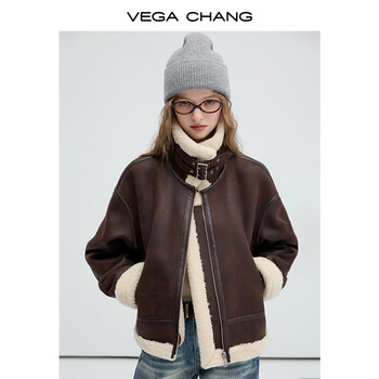Vega chang suede short jacket for women 2025 autumn and winter new retro motorcycle style fur one-piece warm jacket caramel brown s