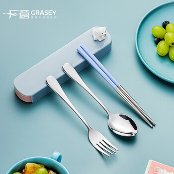 Guangyi stainless steel chopsticks single set student travel chopsticks spoon fork box portable tableware set spoon, chopsticks and fork box 4-piece set blue