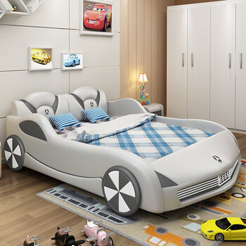 Ocalstar children's bed car bed boy single bed solid wood leather bed creative sports car bed storage with guardrail bed furniture soft bed single bed + latex simmons mattress + 2 bedside tables 1.8*2.0 meters