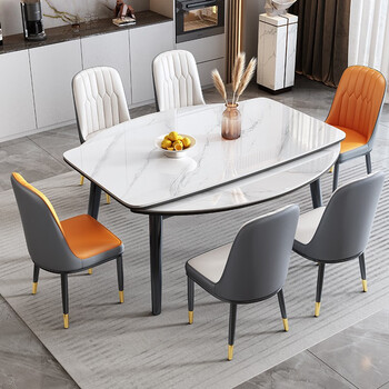 Shanglin spring bright slate dining table and chair combination modern light luxury retractable dining folding square table small and medium-sized apartment negotiation table antibacterial snow mountain white丨light luxury leather chair丨black frame 1.3 meters dining table + 6 chairs recommended by the store manager