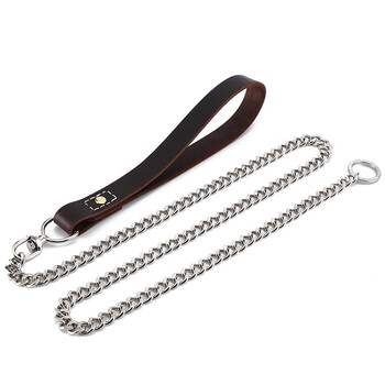 Wanqian cowhide stainless steel integrated p chain medium and large dog leash pet training dog explosion-proof dog chain collar