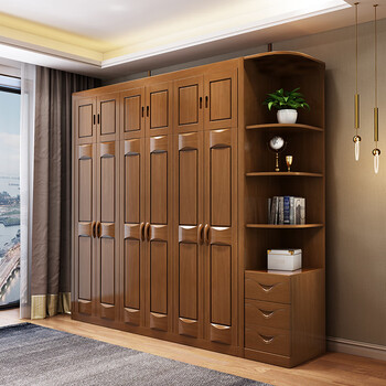 Mai yayue solid wood wardrobe chinese modern and simple household economical flat door corner storage cabinet household bedroom furniture four-door wardrobe + side cabinet