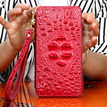 Monarch wolf crocodile leather wallet women's genuine leather long clutch wallet fashion high-end multi-card slot large capacity clutch women red
