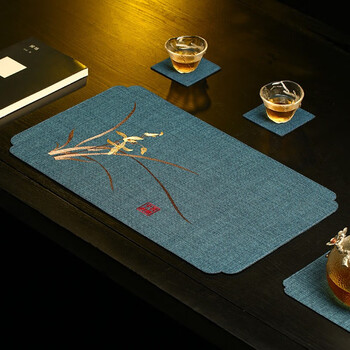 Huaman shengting chinese tea mat zen small table flag dry tea table tea table mat tea coaster tea set mat waterproof tea table fabric strip junzirulan-dark blue doris linen waterproof tea mat 50*30cm (single piece)