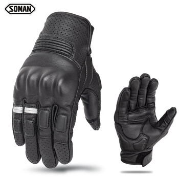 Soman genuine sheepskin retro motorcycle motorcycle riding warm gloves, anti-fall, wear-resistant, touch screen, unisex, water-splashing, black xl