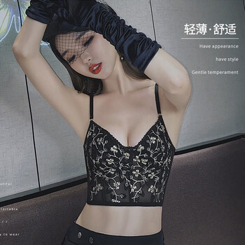 Glambody heavy embroidery beautiful back bra women's small breast gathering summer thin sexy vest style wearable bra set 682258 black set m (suitable for 70c-75ab)