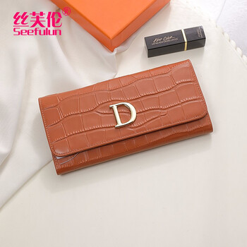 Sephoron new year leather wallet women's long simple can hold mobile phone wallet first layer cowhide folding large capacity wallet crocodile pattern earthy yellow