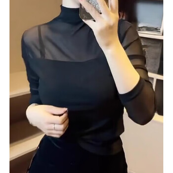 Nyig women's black mesh half turtleneck bottoming shirt for women in spring, autumn and winter, sexy see-through slimming western style top, black xl, recommended 116-130 pounds