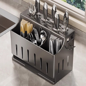 Youxi stainless steel kitchen knife rack multi-functional countertop cutting board knife chopstick tube chopstick cage integrated storage rack gun gray 304 steel countertop model three cups 4 hooks