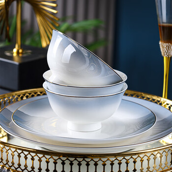Danqing 2024 new household bone china bowl jingdezhen rice bowl tall bowl ceramic tableware bowl chinese eating noodle bowl plate starry sky gray 4.5 inch bone china tall bowl 10 pieces