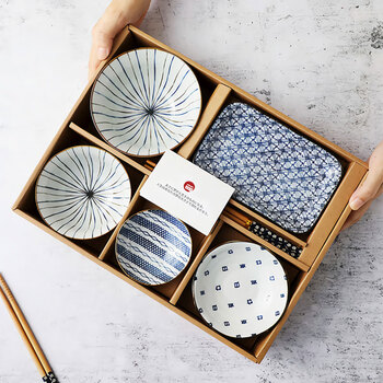 Quanshi one-person food bowl and dish 6-piece set ceramic underglaze color household rice bowl condiment dish sushi dish housewarming gift gift box