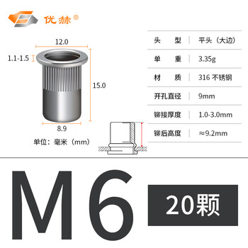 Youhe flat head vertical rib rivet nut rivet nut iron color galvanized large edge knurled pull cap plain color flat head vertical rib nut m6 316 stainless steel (20 pieces)