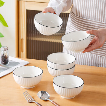 Hechuanwu ceramic bowl simple pure white small bowl household 4.5-inch rice bowl soup bowl set 10 pieces vertical black line