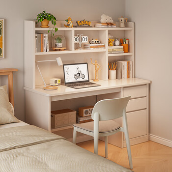 Yulexin computer desk simple desk bookcase combination home bedroom desktop learning desk bookshelf integrated office desk heightened bookshelf 100cm warm white single table