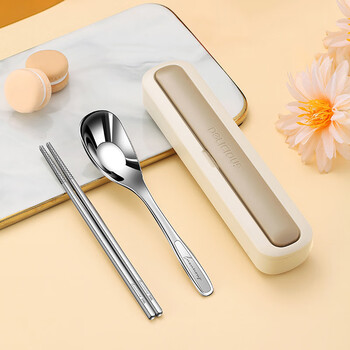 Worthbuy 316l stainless steel chopsticks and spoons set three-piece office student storage box portable tableware single takeaway beige + natural color 316l chopsticks and spoons