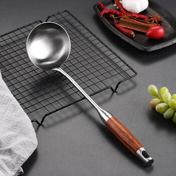 Newair 304 stainless steel soup spoon for household use, kitchen small spoon, chef's large frying spoon for soup, porridge, hot pot, large long-handled soup spoon, rosewood series-304 stainless steel soup spoon