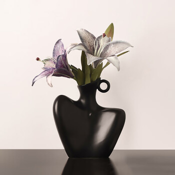 Bhm modern simple light luxury ceramic vase ornaments handicrafts living room tv cabinet entrance wine cabinet decoration high-end black clavicle vase + 2 simulated lilies