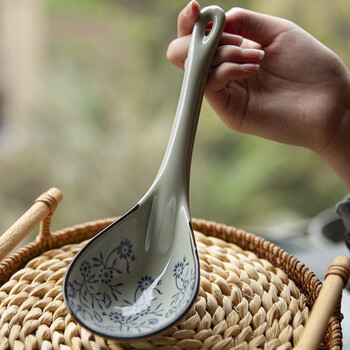 Japanese-style four-season underglaze kitchenware, personalized and creative japanese tableware, hand-painted ceramic spoon, spoon, small rice spoon, large soup spoon, blue and white extra large porcelain spoon (22*7.5cm) single