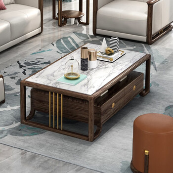 Xinju mingjia coffee table, solid wood coffee table, new chinese style living room furniture, high quality ebony wood small zebra tea table table, marble coffee table, 1.4m marble table top, fully furnished
