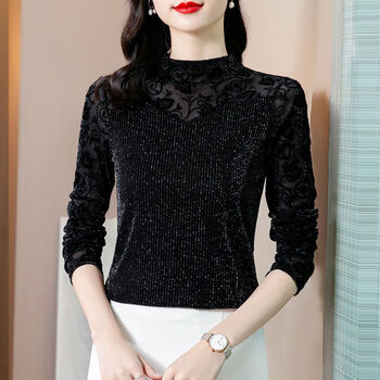 Woodpecker (tucano) half-high collar mesh bright silk bottoming shirt women's lace top 2026 autumn and winter new style fashionable shirt black m