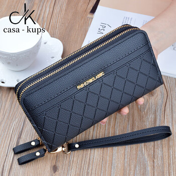 Casa-kupsck women's bag light luxury simple new double zipper wallet women's long large capacity plaid clutch bag black