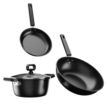 Baichunbaosmio coated pure iron three-piece set wok soup pot frying pan black set one