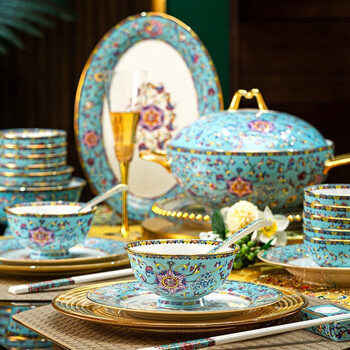 Mrs. mochi porcelain luxury blue gold enamel bone china bowl and dish set for home jingdezhen ceramic bowls and plates tableware gift daphne 80 pieces 10 people luxury configuration high-end leather case