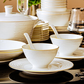 Nine cranes jingdezhen high-end bowl and plate combination pure white gold-rimmed tableware complete set of housewarming gifts underglaze color bone china set high temperature underglaze color high-end brocade box set 10 people 70 pieces