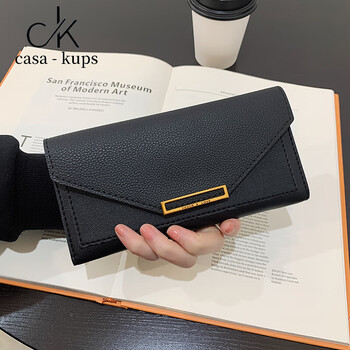 Casa-kups women's bag women's wallet soft leather clutch 2025 new korean version simple buckle folding large capacity mobile phone bag black