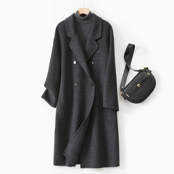 Jinju camel velvet sheep wool coat autumn and winter long double-breasted double-sided woolen coat warm women's coat carbon black s