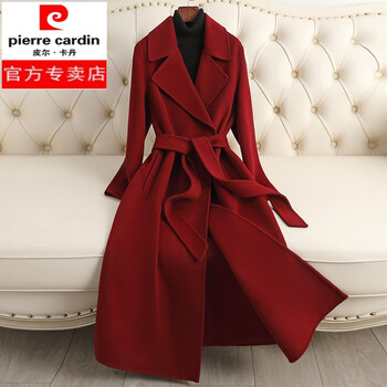 Pierre cardin double-sided cashmere coat women's mid-length 2025 autumn and winter new fashionable over-the-knee wool woolen coat for women ancora red 100% australian wool l 105-117 jin