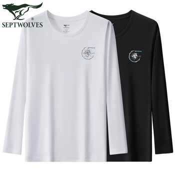 Septwolves men's long-sleeved t-shirt men's pure cotton 100% cotton solid color sweatshirt long-sleeved top v-neck round neck fashionable bottoming shirt compass wolf print white + black (round neck) xl (175) (recommended weight 120-140 pounds)