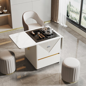 Shenglantu light luxury slate folding lift tea table tea cart home balcony small tea table multi-functional mobile tea table dining table cream white movable electric lift tea table