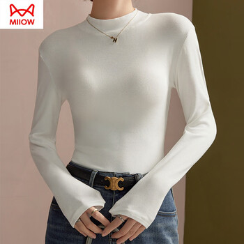 Miiow half turtleneck pure cotton bottoming shirt for women autumn and winter 2024 new white mid-collar stand collar long-sleeved ti shirt top white m suitable for 85-105 pounds