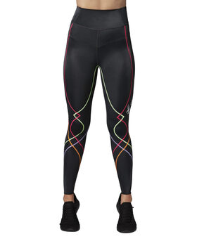 Cw-x women's high waist compression tights joint support sweatpants back phone pocket running fitness stretch black/rainbow x-small