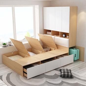 Baiai youzheng small apartment tatami bed wardrobe integrated nordic multi-functional storage double high box bed combination conjoined high box bed 1.2 meters single tatami (excluding standing cabinets)
