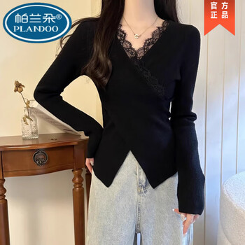 Palanduo plus size women's velvet top for women in autumn and winter, fat mm, slim and warm, lace stitching cross v-neck bottoming shirt, black, fairy spring and autumn style, m, recommended 80-100 pounds