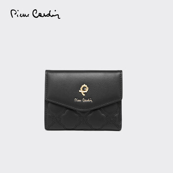 Pierre cardin light luxury wallet classic embroidered genuine leather short coin purse fashionable exquisite folding small wallet black