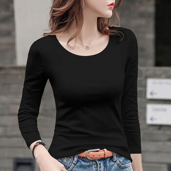 Goldjeannie round neck long sleeve t-shirt for women 2024 spring and autumn new simple slim fit versatile top with bottoming shirt black xl 116-129 jin