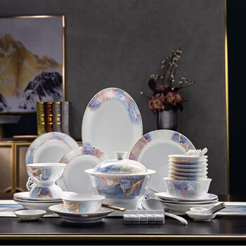 Fuyu jingdezhen linglong porcelain tableware set light luxury household tableware complete set new chinese dishes bowl and plate set linglong porcelain fancy gold 32 pieces