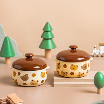 Ezicok steamed egg bowl double-eared stew pot with lid baking bowl baking custard bowl baby food bowl cute ceramic bowl cartoon small bowl steamed egg bowl 2-piece set - mixed color