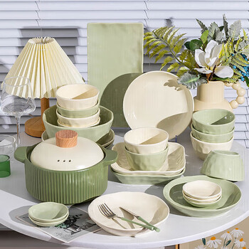 Kangmo bowl and dish set, underglaze color ceramic bowl, plate and tableware set, housewarming gift, custard, milk green, 36 pieces with casserole
